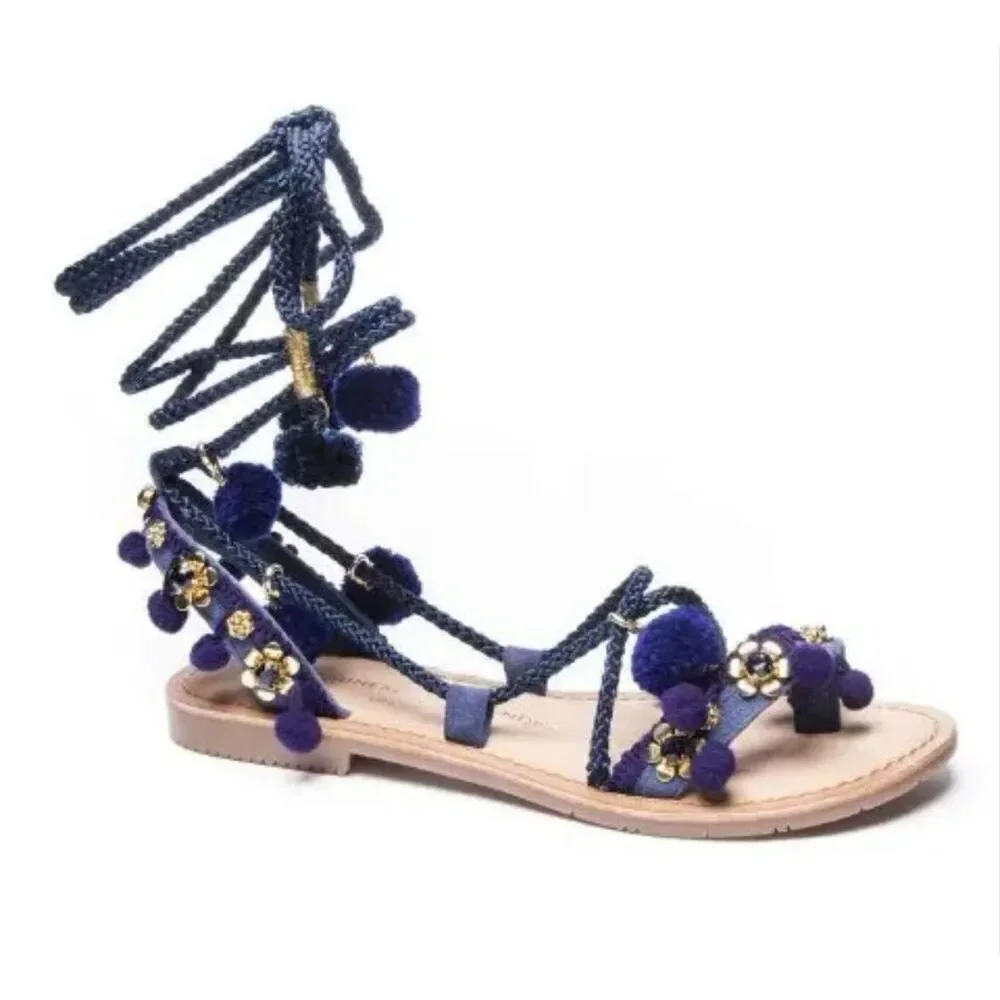 New Chinese laundry blue indigo suede pom Pom Portia gladiator sandals size 7.5